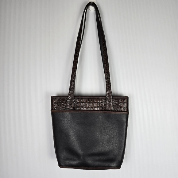 Brighton Croc Embossed Leather Shoulder Bucket Bag Black And Brown Vintage - Picture 2 of 10